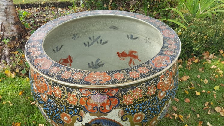 Large Chinese Porcelain Fish Bowl Planter & Stand