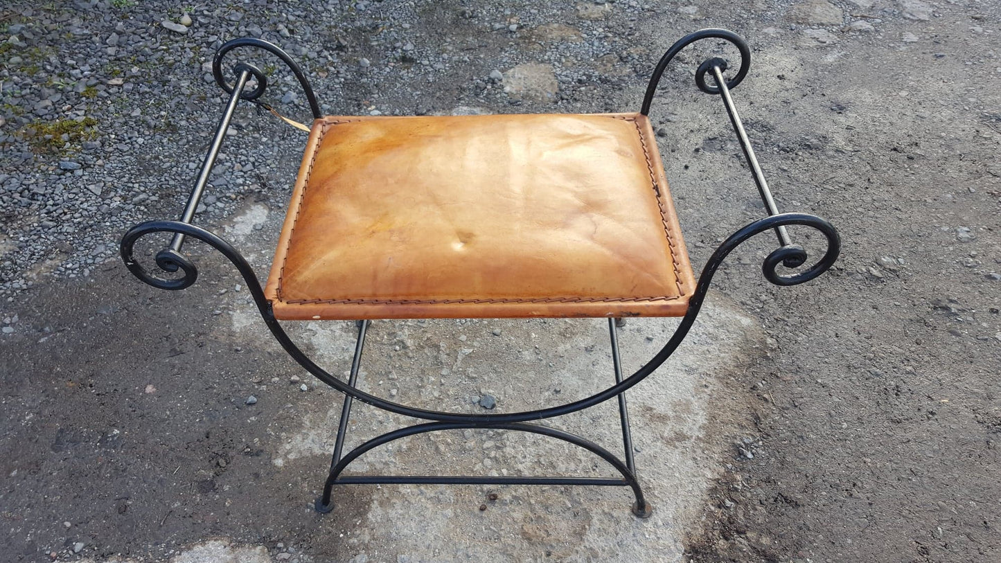 Leather Seated, French Cast Iron Piano Stool