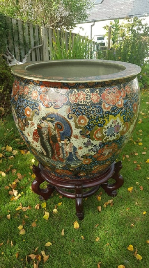 Large Chinese Porcelain Fish Bowl Planter & Stand