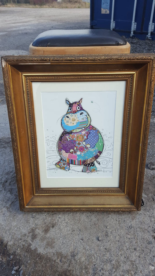 Antique Framed "Happy-Hippo"