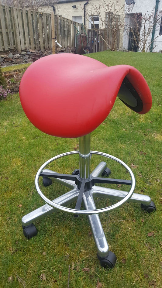 Ergonomic Red Leather Saddle Stool, with Foot Ring