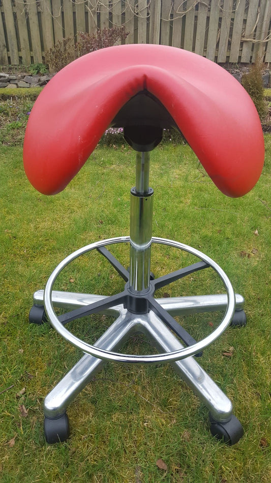 Ergonomic Red Leather Saddle Stool, with Foot Ring