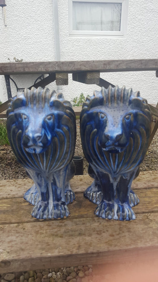 Pair 'Portmeirion' Ceramic Blue Lions